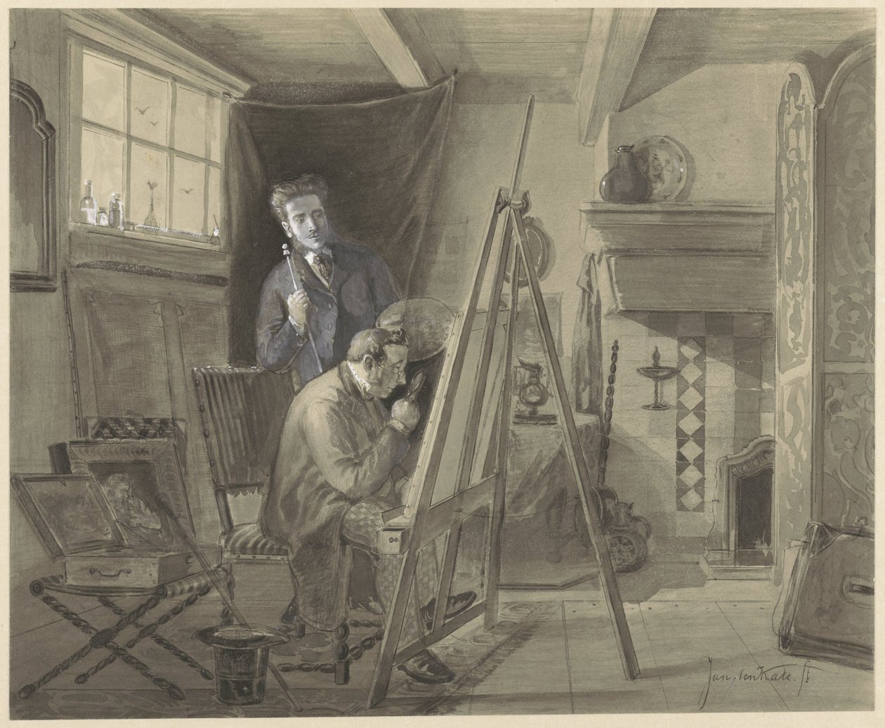 Autorretrato de Johannes Marius van Kate, de pie en su estudio con un visitante de Johannes Marius ten Kate