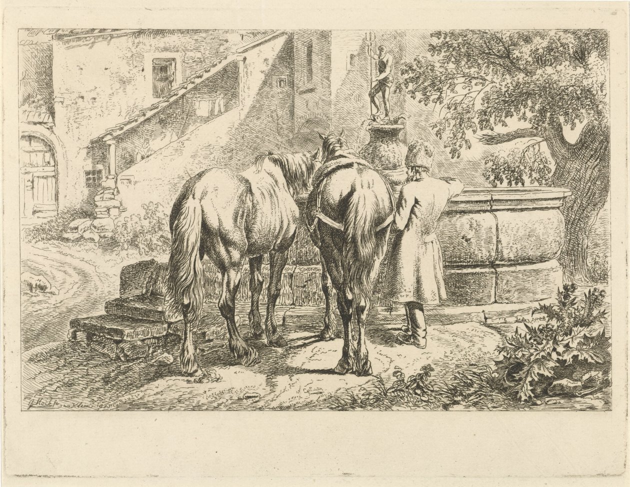 Caballos bebiendo junto a una fuente de Johannes Mock