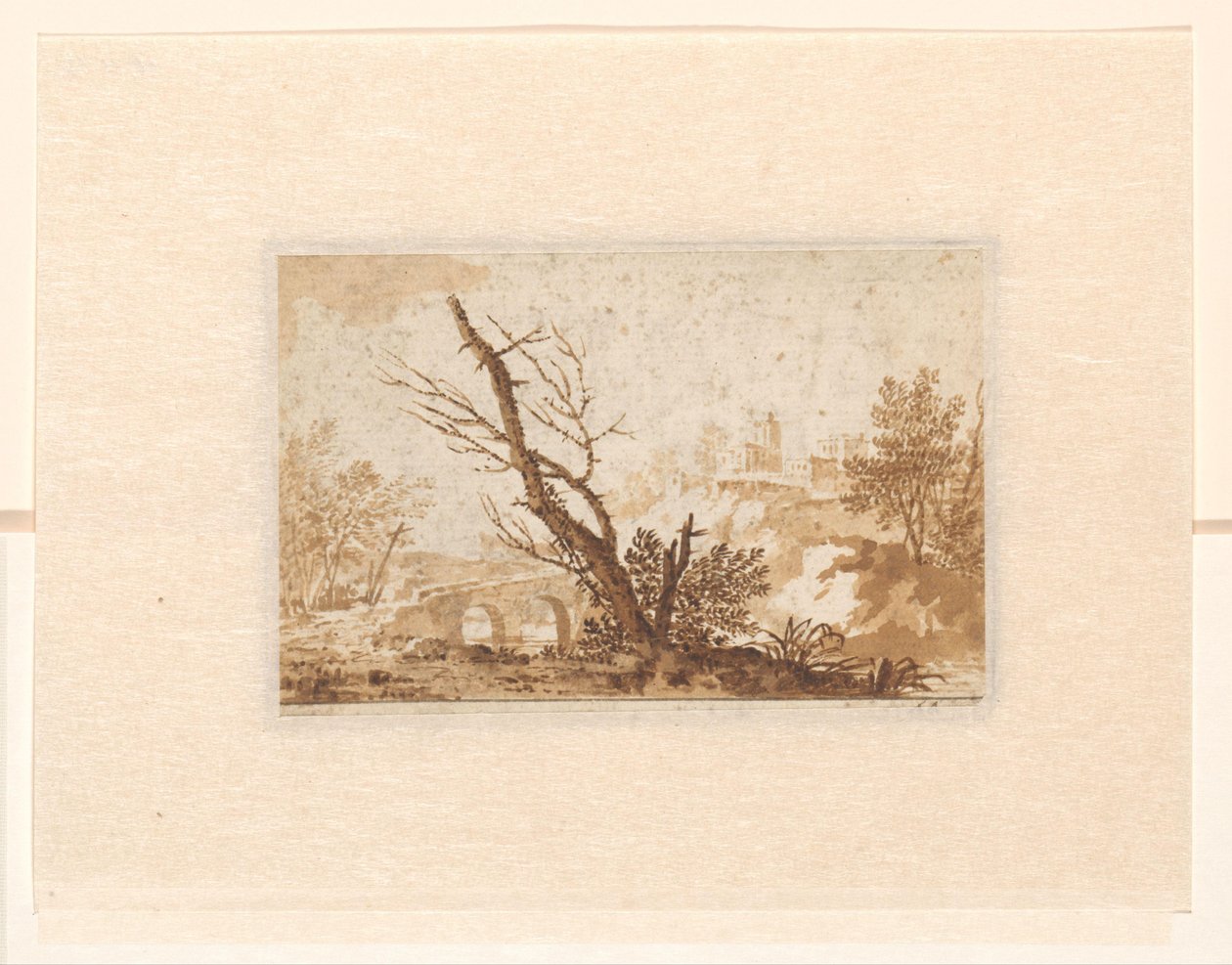 Paisaje italiano con un árbol, un puente y algunos edificios de Johannes Petrus van Horstok