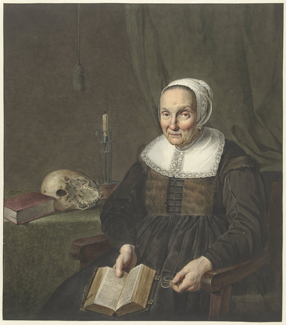 Retrato de una anciana sentada con un libro abierto de Johannes Pieter de Frey