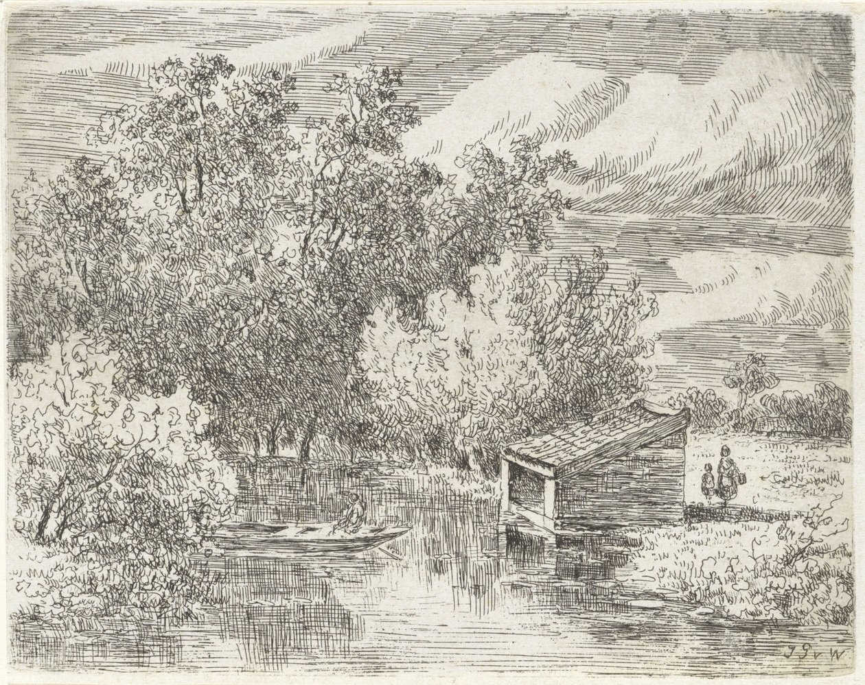 Casa de botes en un río de Johannes Pieter van Wisselingh