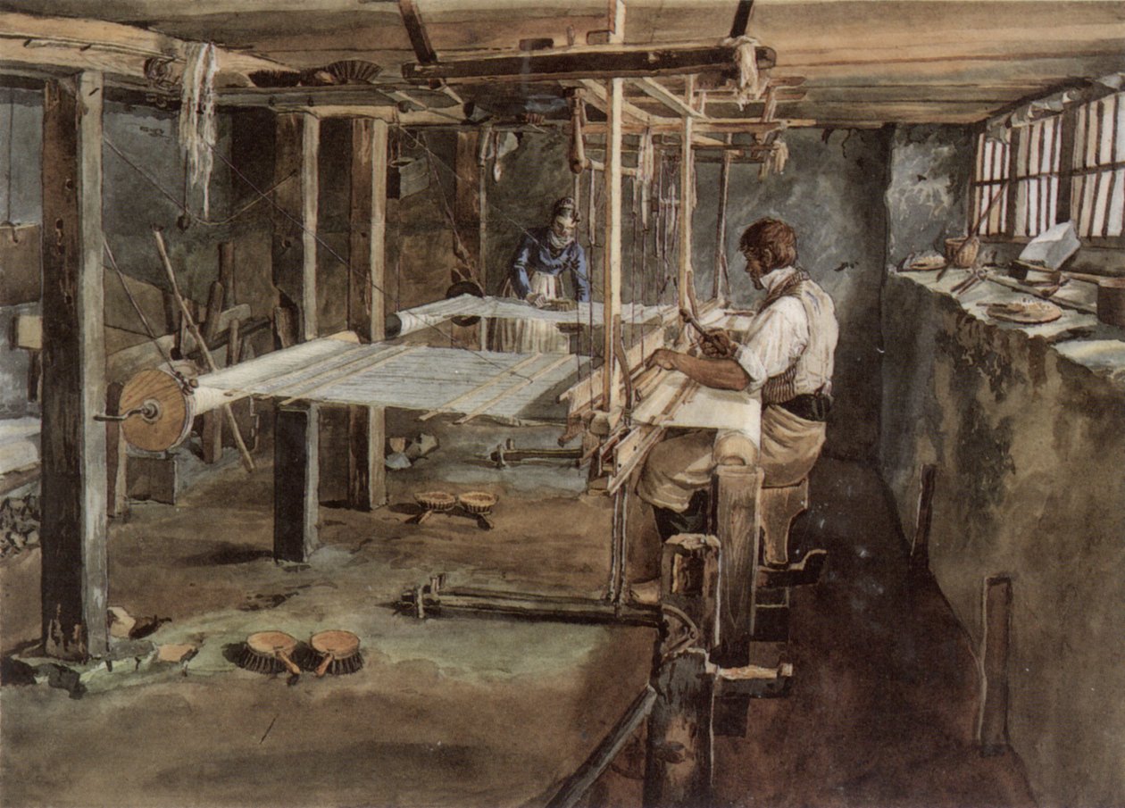 Pareja de tejedores de Appenzell trabajando en el telar manual, alrededor de 1830 de Johannes Schiess