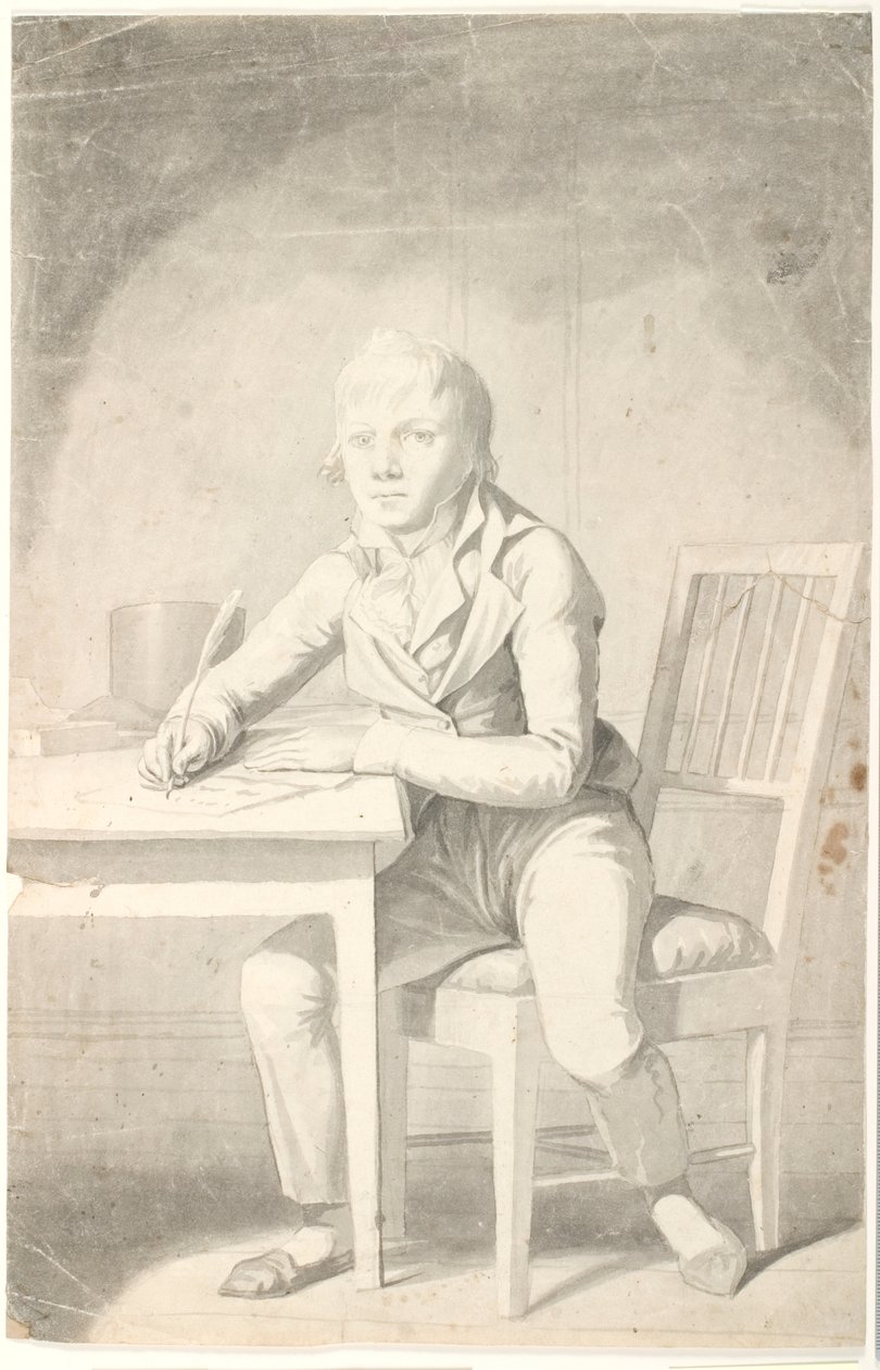 Niño escribiendo sentado en una mesa de Johannes Senn