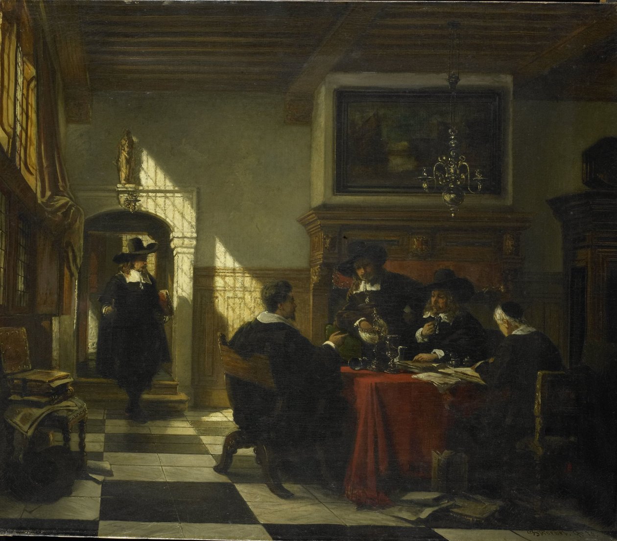 Compañía con traje del siglo XVII cerca de una mesa en la que se exhibe una copa Nautilus de Johannes Stroebel