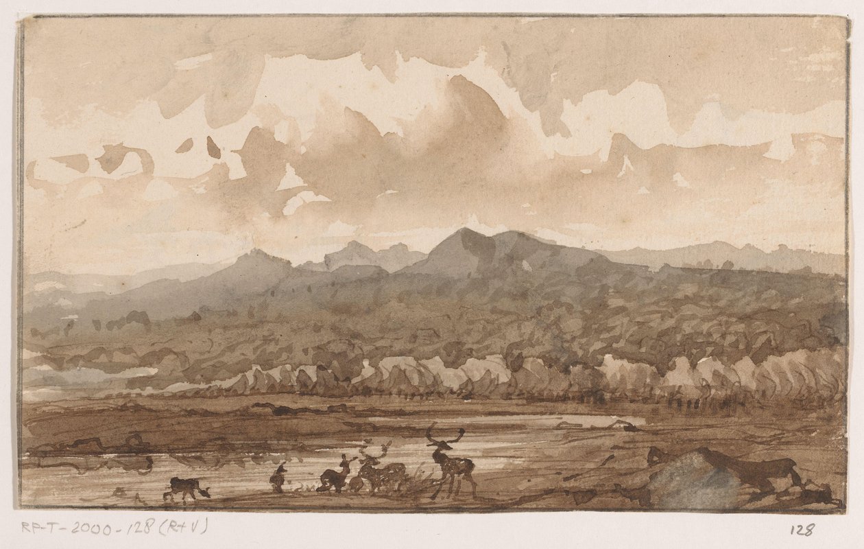 Paisaje de montaña con ciervos de Johannes Tavenraat (signed by artist)