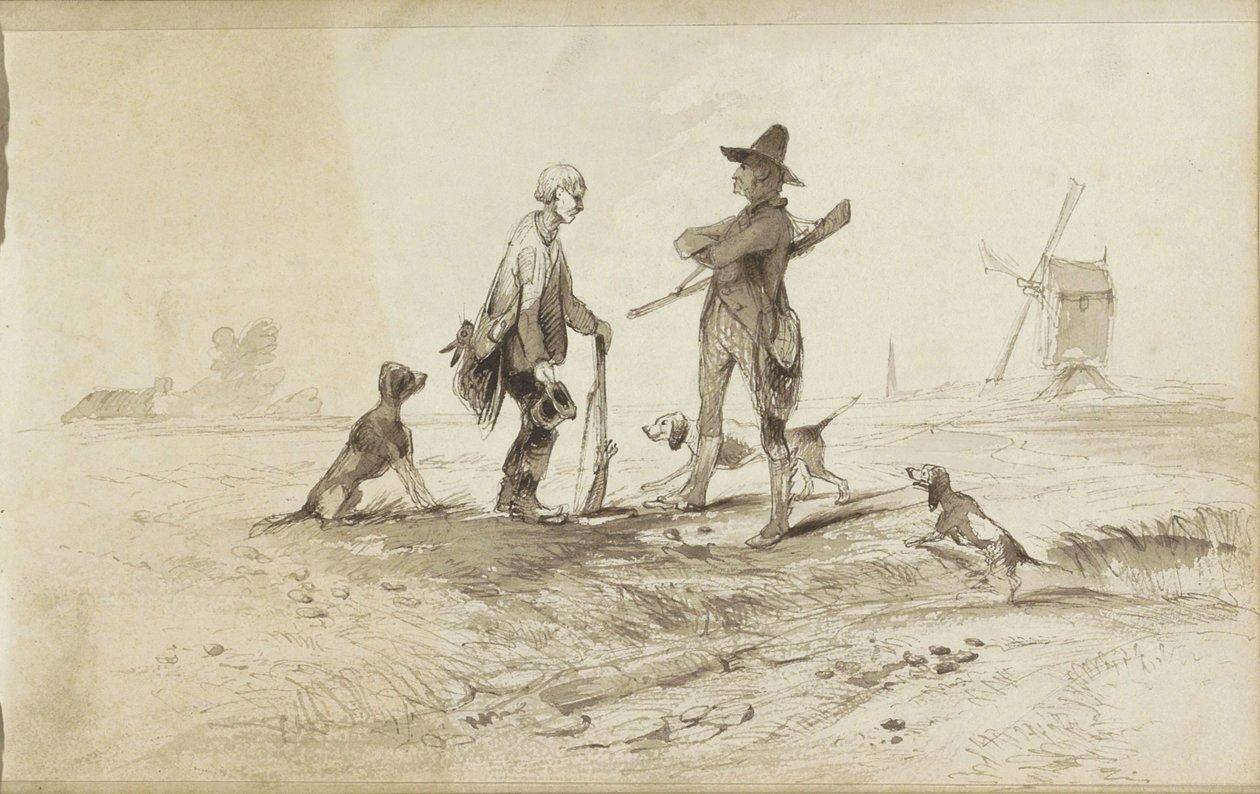 Cazadores con perros en un paisaje con un molino de viento de Johannes Tavenraat