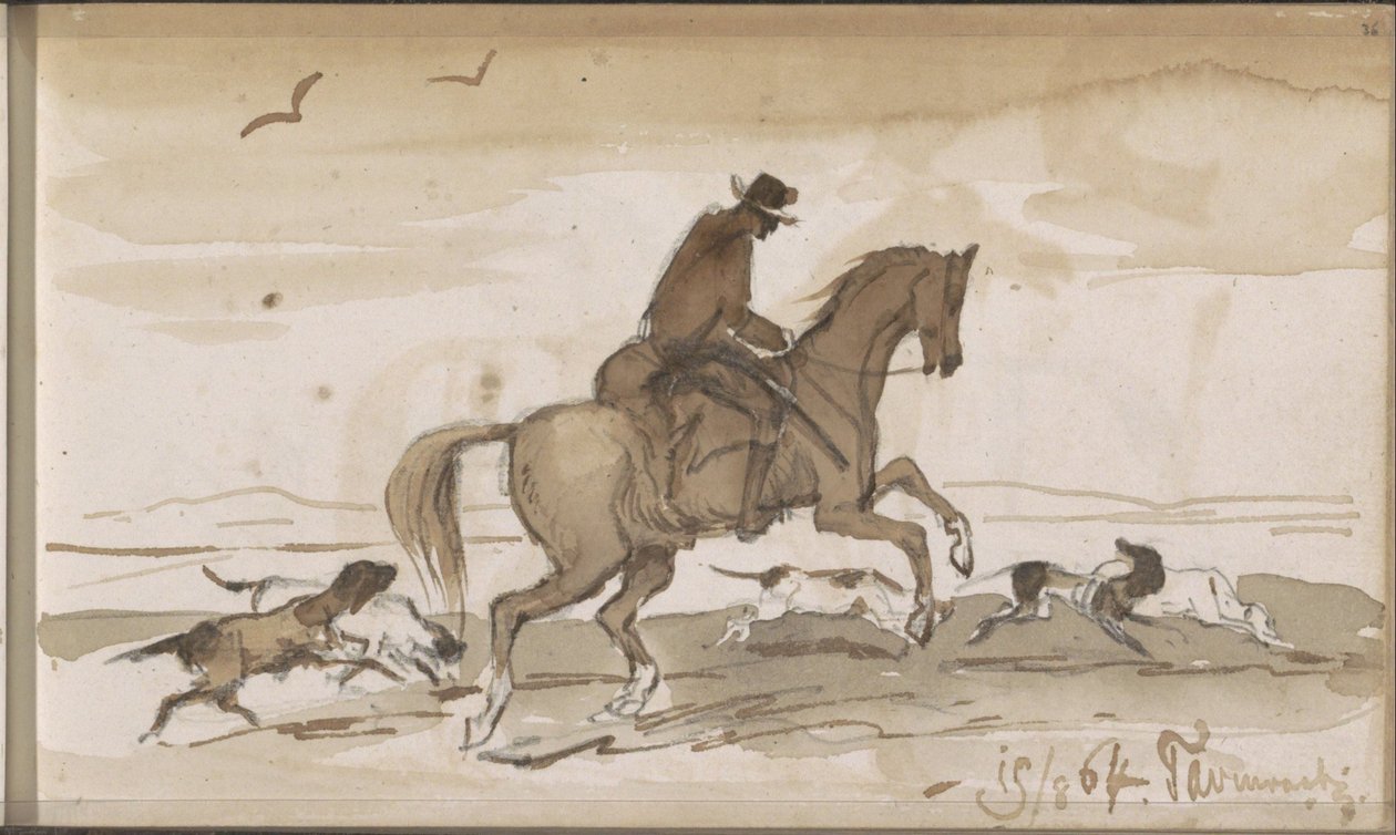 Paisaje con un jinete y perros corriendo de Johannes Tavenraat