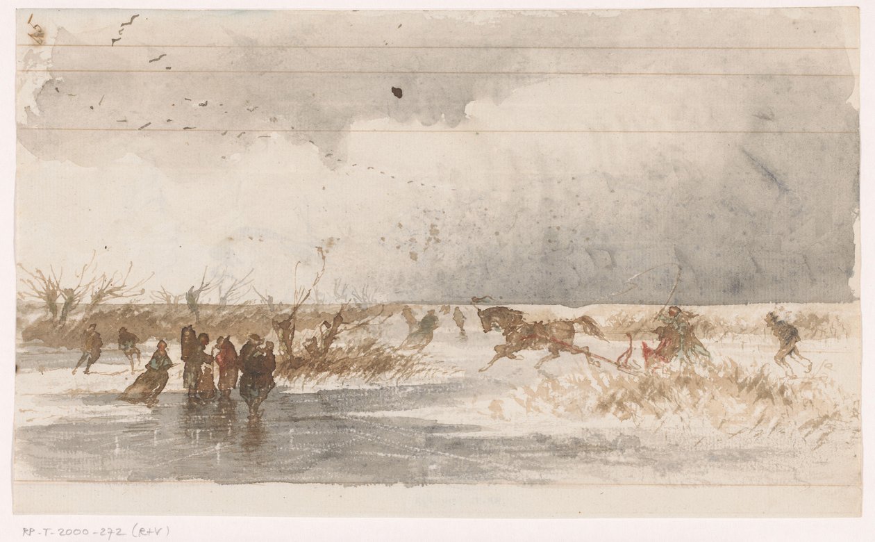 Patinadores y trineo en el hielo de Johannes Tavenraat