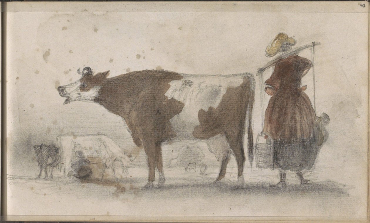 Pradera con vacas y una campesina con un yugo de Johannes Tavenraat