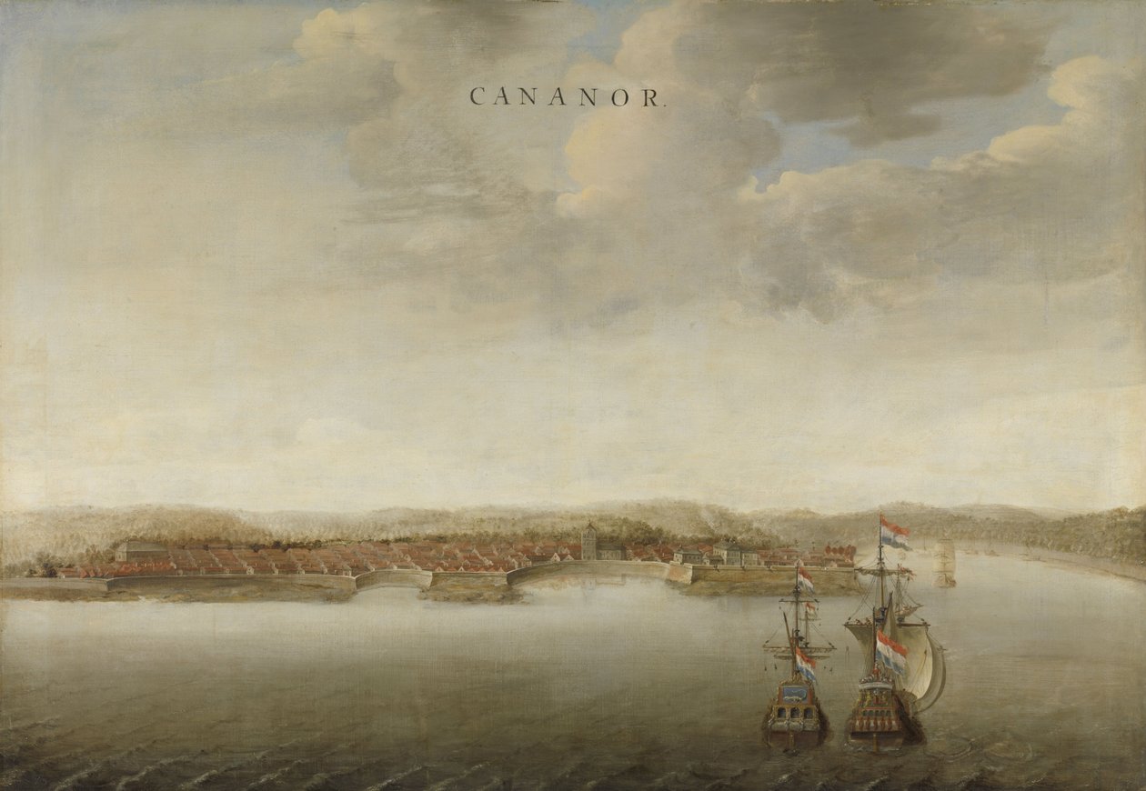 Vista de Cannanore en la costa de Malabar en India, c.1662-3 de Johannes Vinckeboons