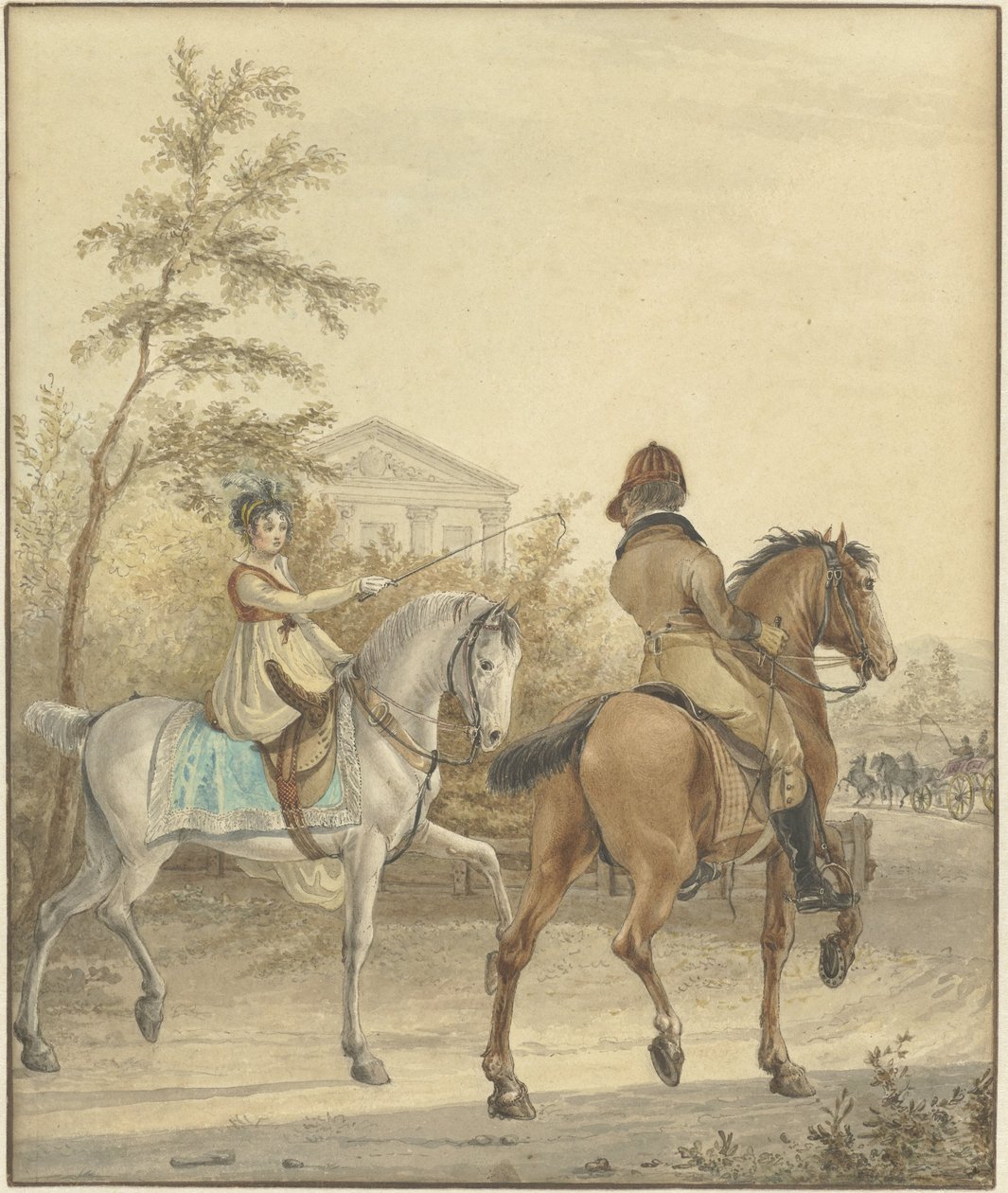 Un hombre y una mujer a caballo en un camino rural de Johannes Vinkeles