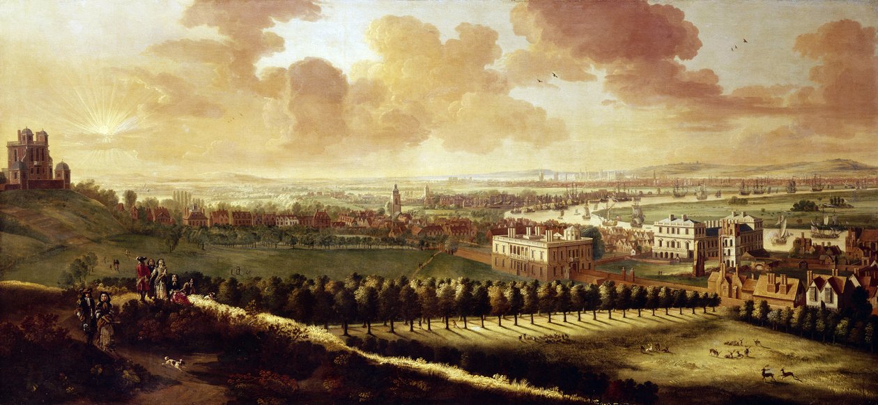 Vista de Greenwich y Londres (Inglaterra), hacia 1680, con el Real Observatorio a la izquierda, en el centro, la Casa de la Reina, y ciervos bramando libres en el parque. de Johannes Vorsterman