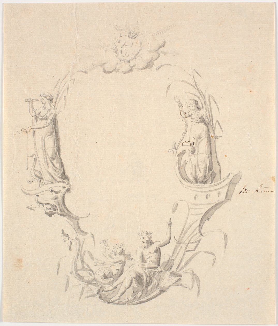 Boceto para viñeta de título para una carta náutica (con el texto: Pass Kaart over Kattegattet, pub. por el Archivo de Cartas Náuticas 1799) de Johannes Wiedewelt