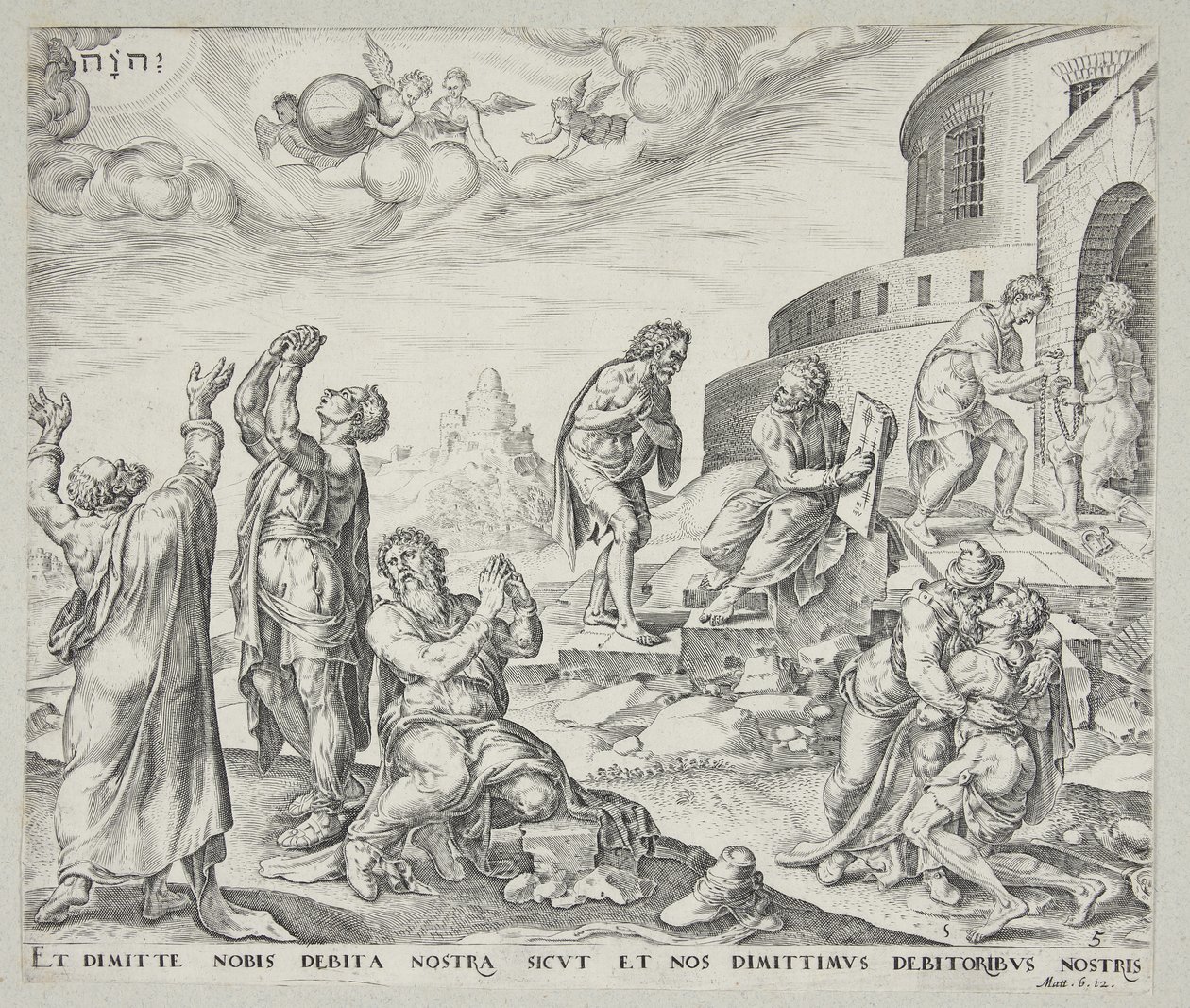 Hombre pidiendo perdón y perdonando a sus deudores de Johannes Wierix