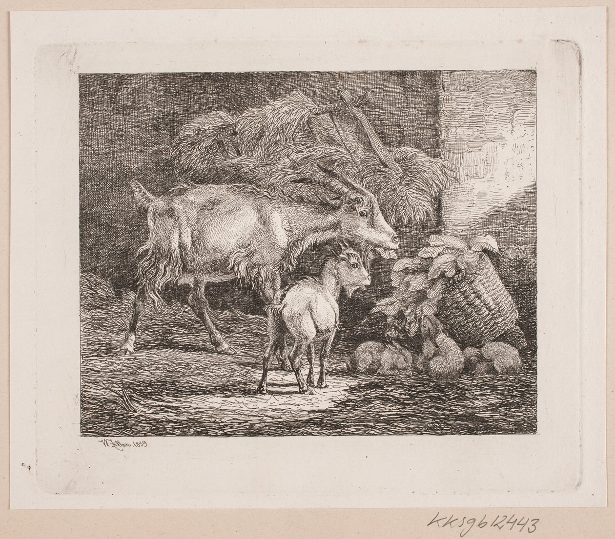 Una cabra, un cabrito y conejos en un establo de Johannes Wilhelm Zillen