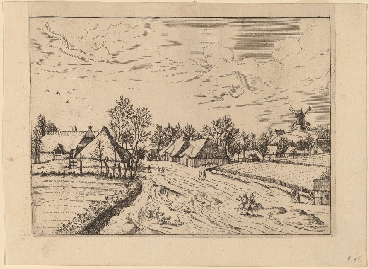 Pueblo rural con molino de poste de Johannes and Lucas van Doetechum after Master of the Small Landscapes