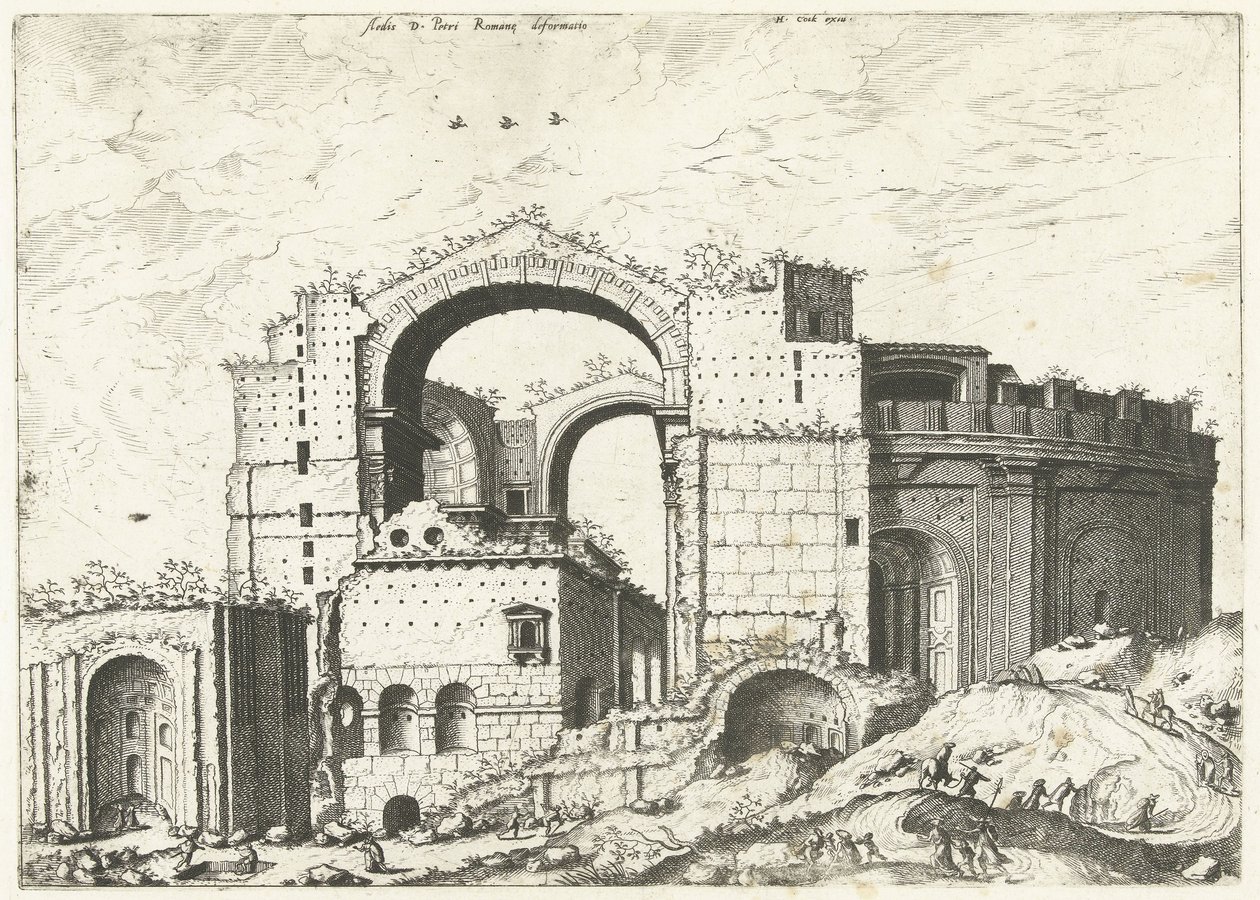Gezicht op de Sint Pieter en Roma Deformación del Aedis D. Peter Romana (título sobre objeto) Ruinas romanas, 1561 (título de la serie) de Johannes of Lucas van Doetechum (attributed to)