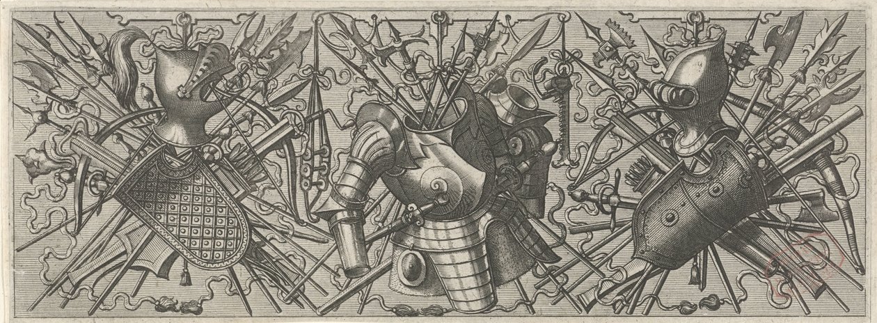 Friso con casco, escudo y armas de palo cruzadas y ballestas a la izquierda Panoplia sev armamentarium… (título de la serie) de Johannes of Lucas van Doetechum