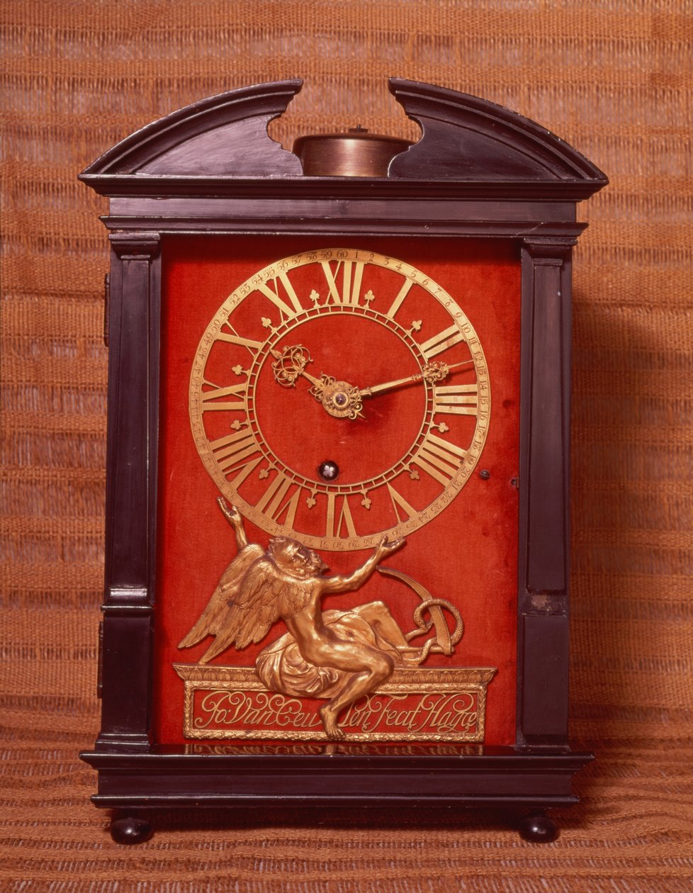 Primer reloj de péndulo impulsado por peso, posiblemente diseñado por Christian Huygens (1629-95) c.1675 de Johannes van Ceulen