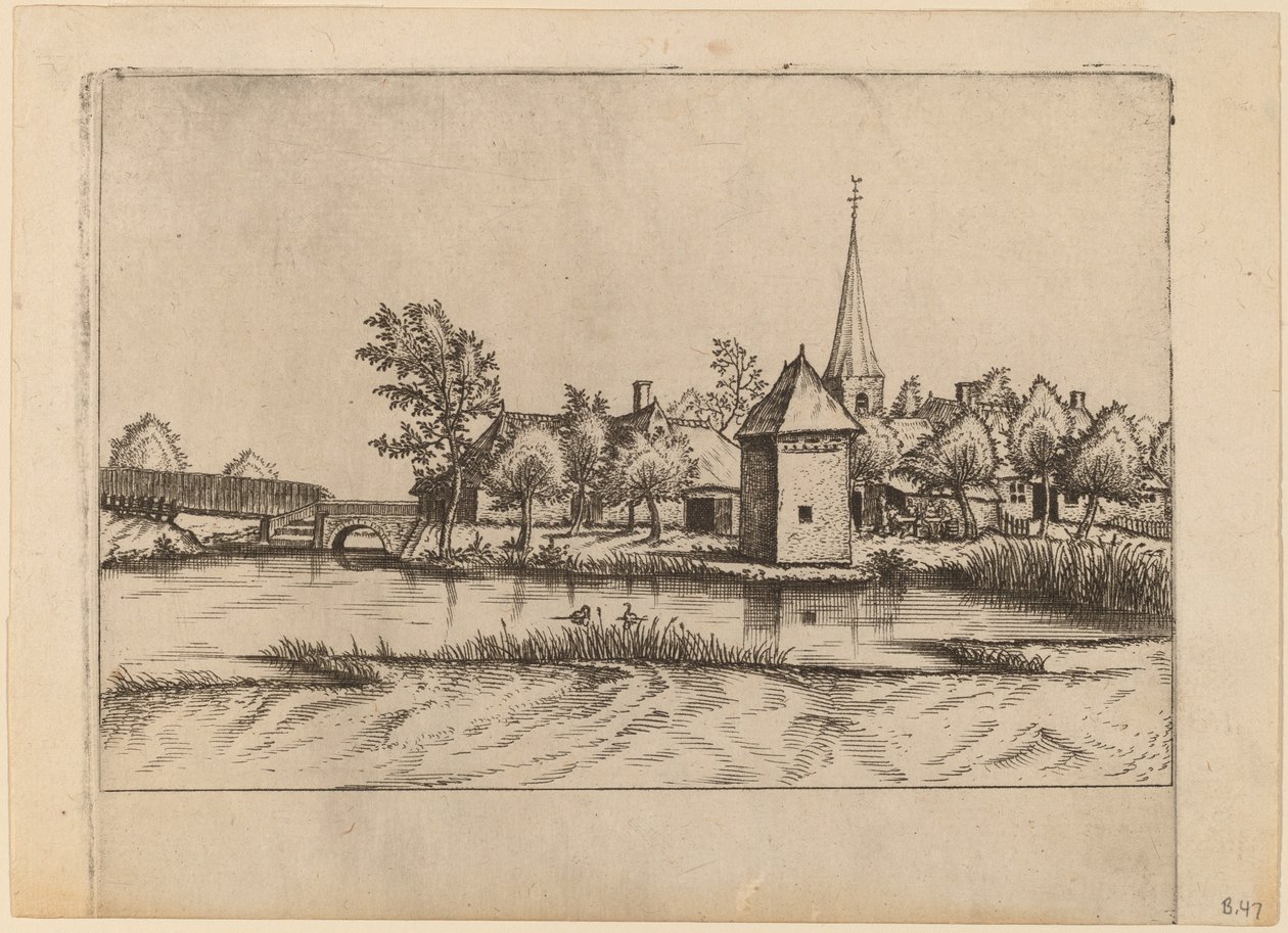 Pueblo rural con iglesia y puente de Johannes van Doetechum, the Elder and Lucas