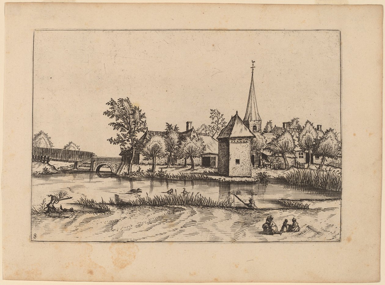 Pueblo Rural con Iglesia y Puente de Johannes van Doetechum, the Elder and Lucas