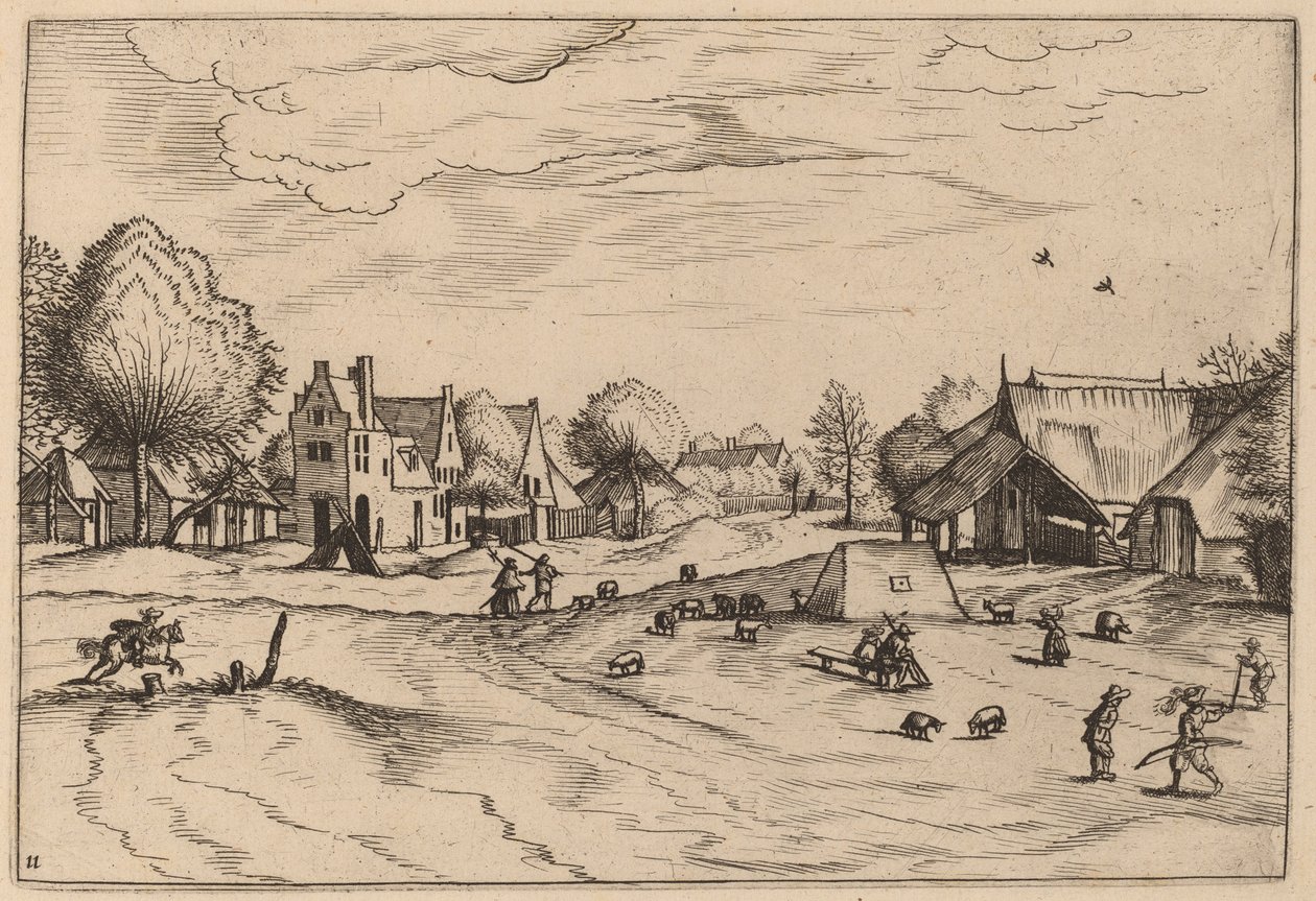 Aldea con Ovejas y Pastor Sentado de Johannes van Doetechum, the Elder and Lucas