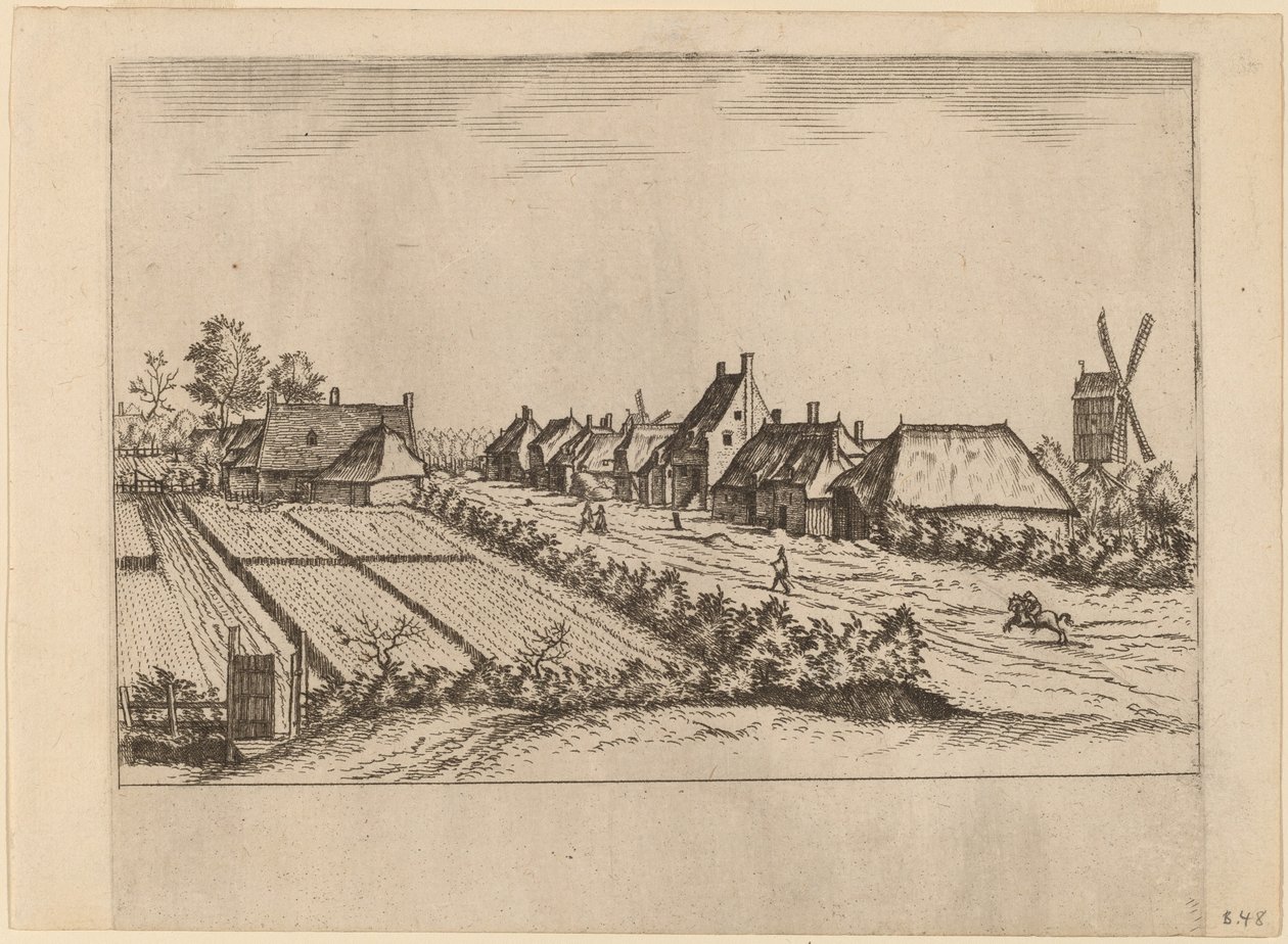 Campos y un camino de pueblo con molino de poste de Johannes van Doetechum, the Elder and Lucas