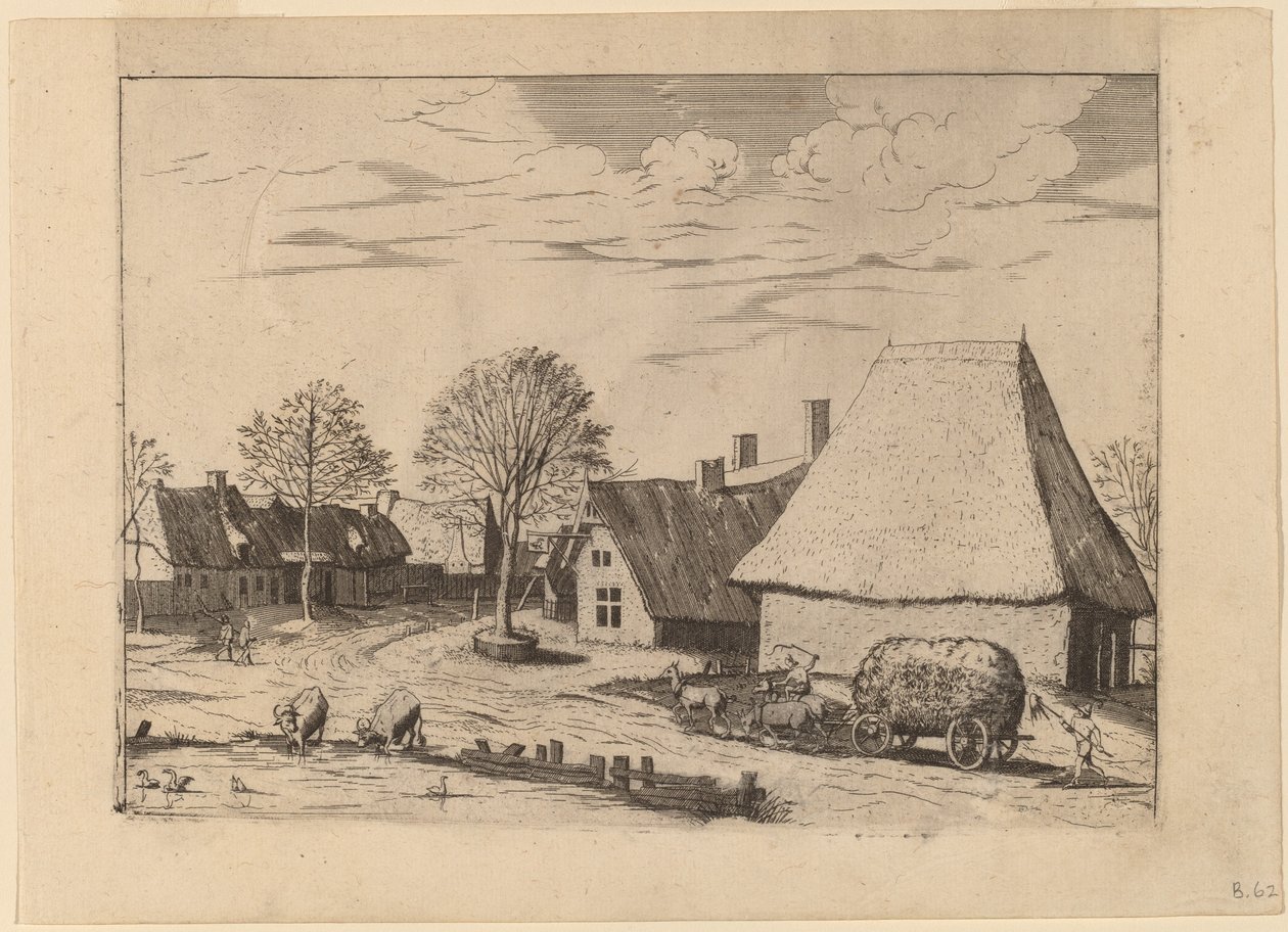 Calle del pueblo con carro de heno de Johannes van Doetechum, the Elder and Lucas