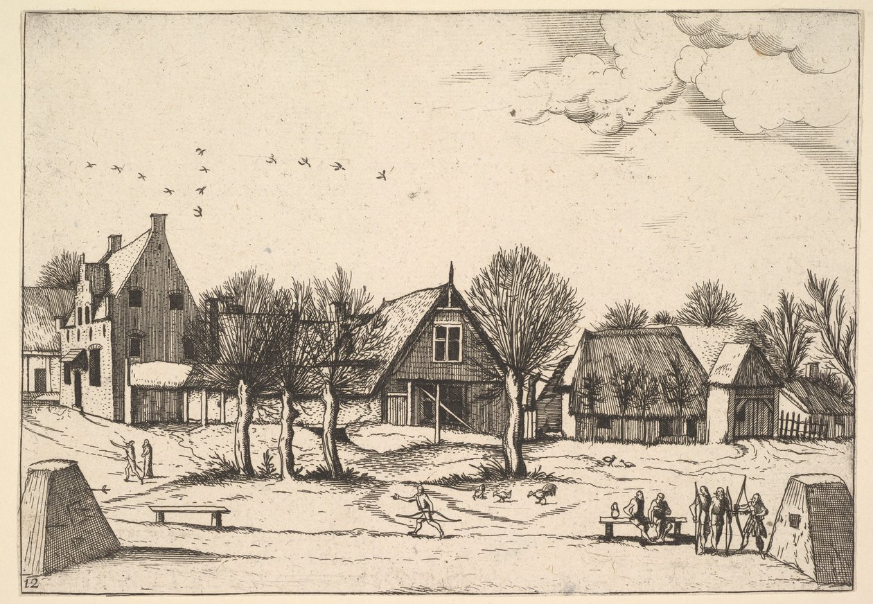 Pueblo rural, arqueros en primer plano de Multifariarum casularum ruriumque linea..., 1559-61 de Johannes van Doetecum I