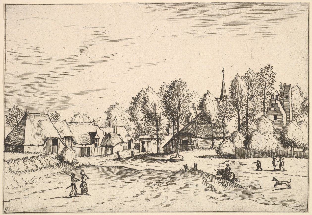 Pueblo rural con torre de iglesia de Multifariarum casularum ruriumque lineamenta cur..., 1559-61 de Johannes van Doetecum I