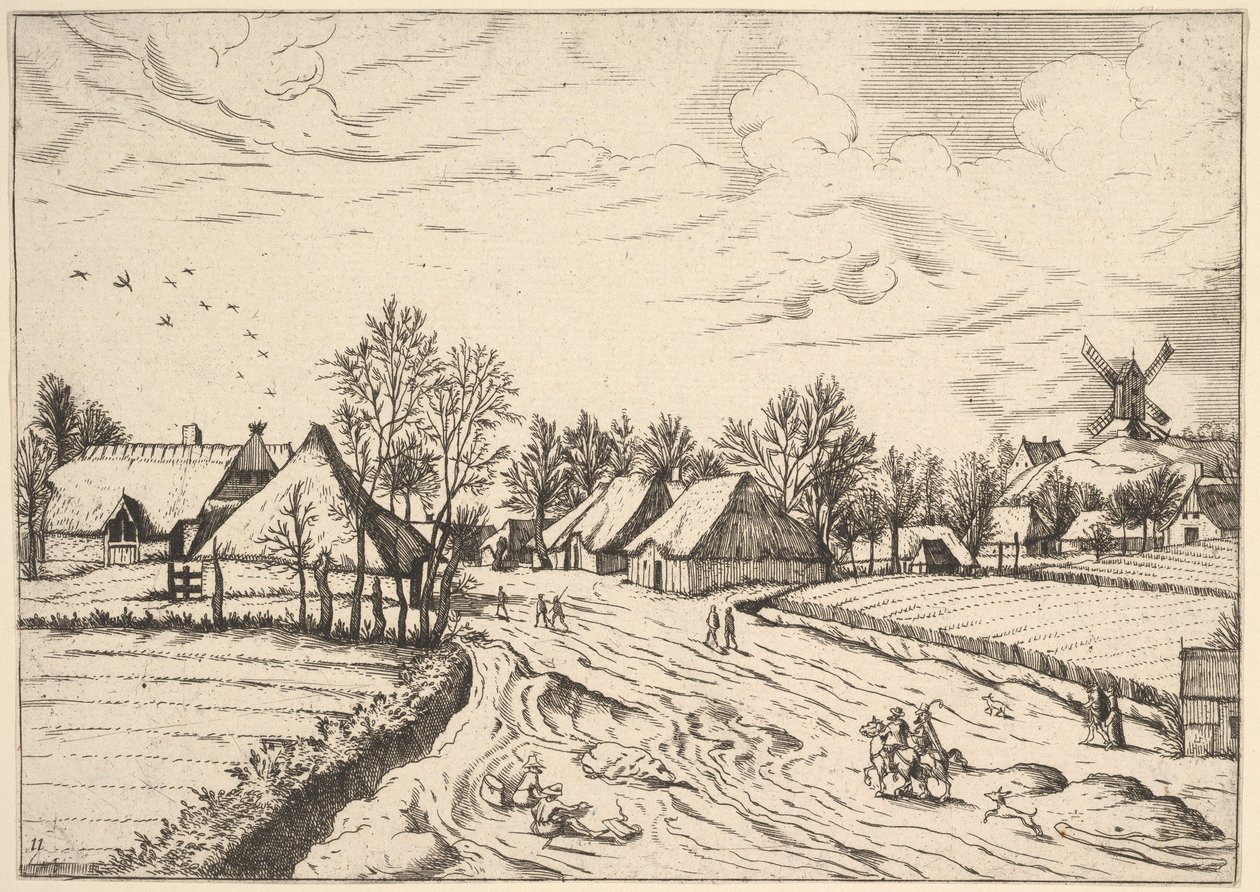Aldea rural con molino de poste de Multifariarum casularum ruriumque lineamenta curios... de Johannes van Doetecum I