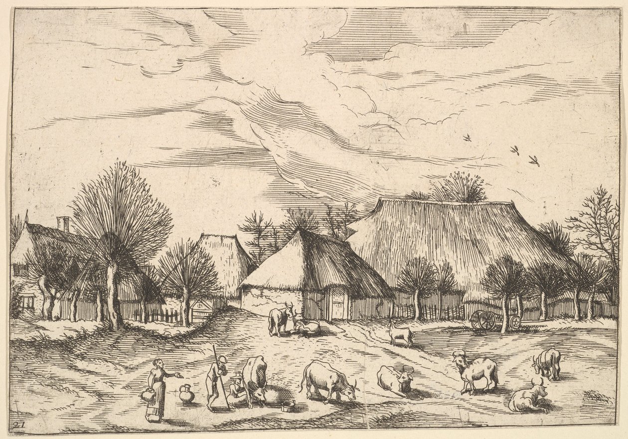 Granjas, ganado con pastores y lecheras en primer plano de Multifariarum casularu..., 1559-1561 de Johannes van Doetecum I