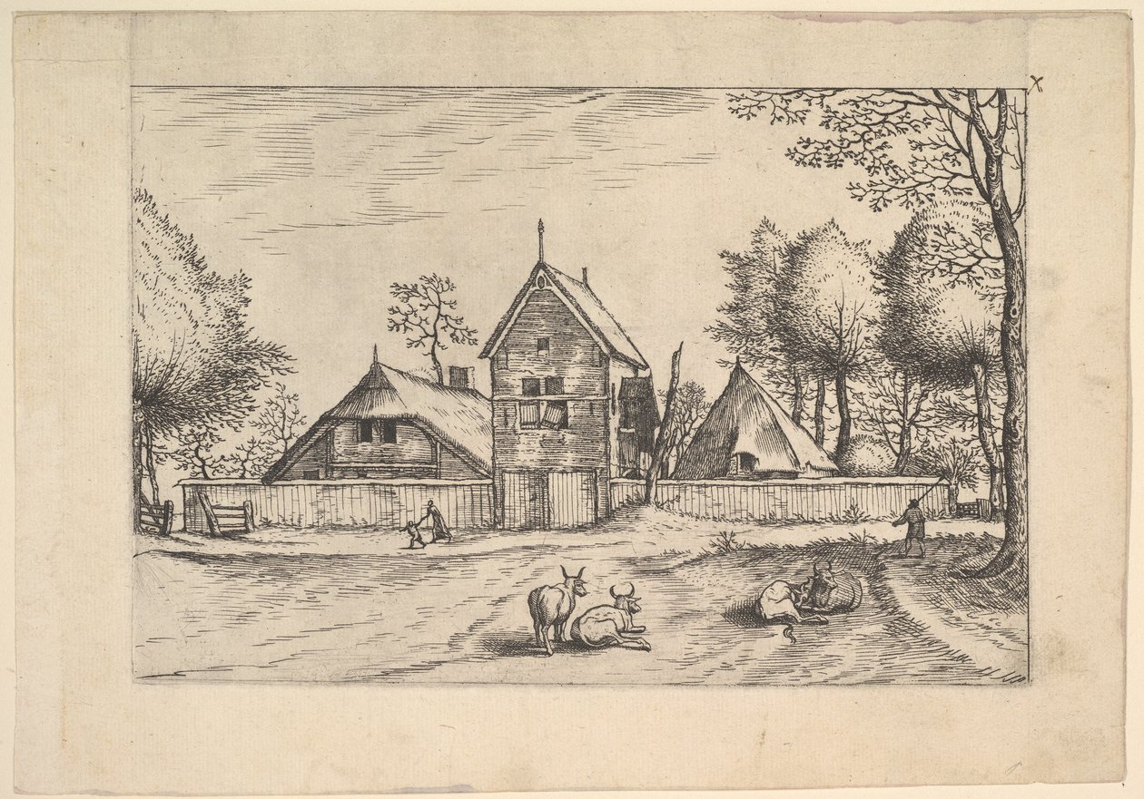 Granja, vacas y pastor en primer plano de Praediorum villarum et rusticar..., ca. 1559-61 de Johannes van Doetecum I