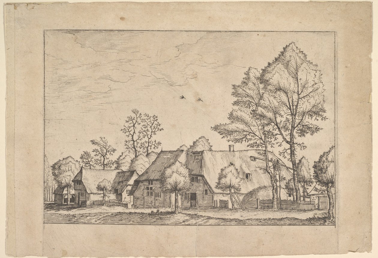 Granja grande con pozo de extracción de Praediorum villarum et rusticarum casularum icones e..., ca. 1559-61 de Johannes van Doetecum I