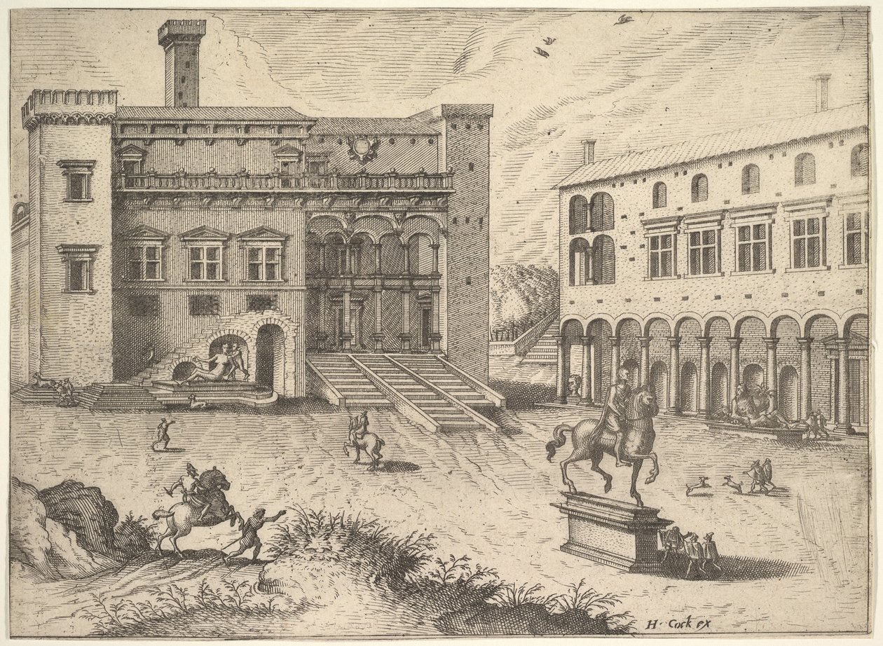Vista del Campidoglio en la Colina Capitolina, con estatua ecuestre en la esquina inferior derecha, 1562 de Johannes van Doetecum I