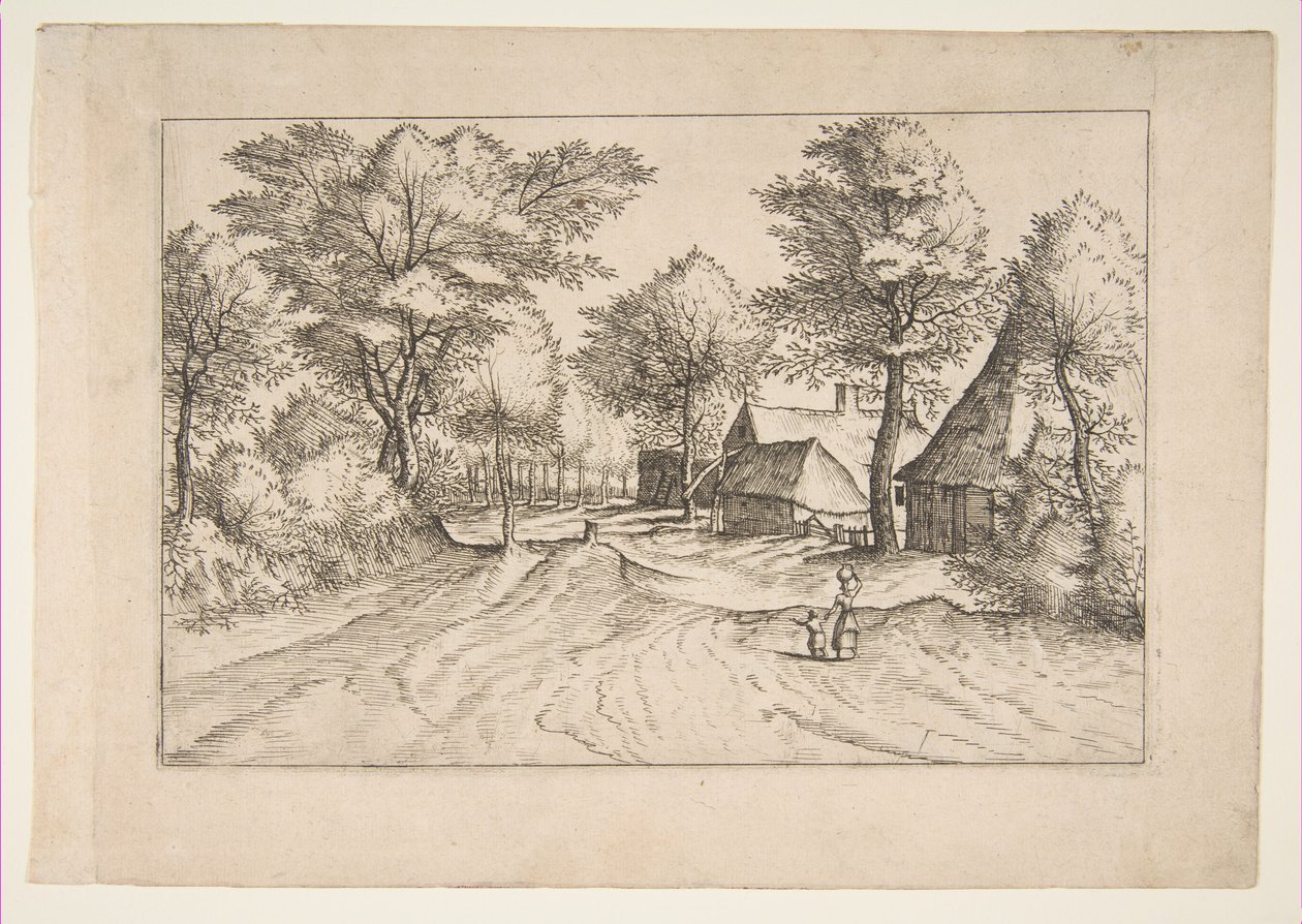 Camino del Pueblo con una Granja y Cobertizos, de la serie Los Pequeños Paisajes Multifariaru..., 1559-61 de Johannes van Doetecum I