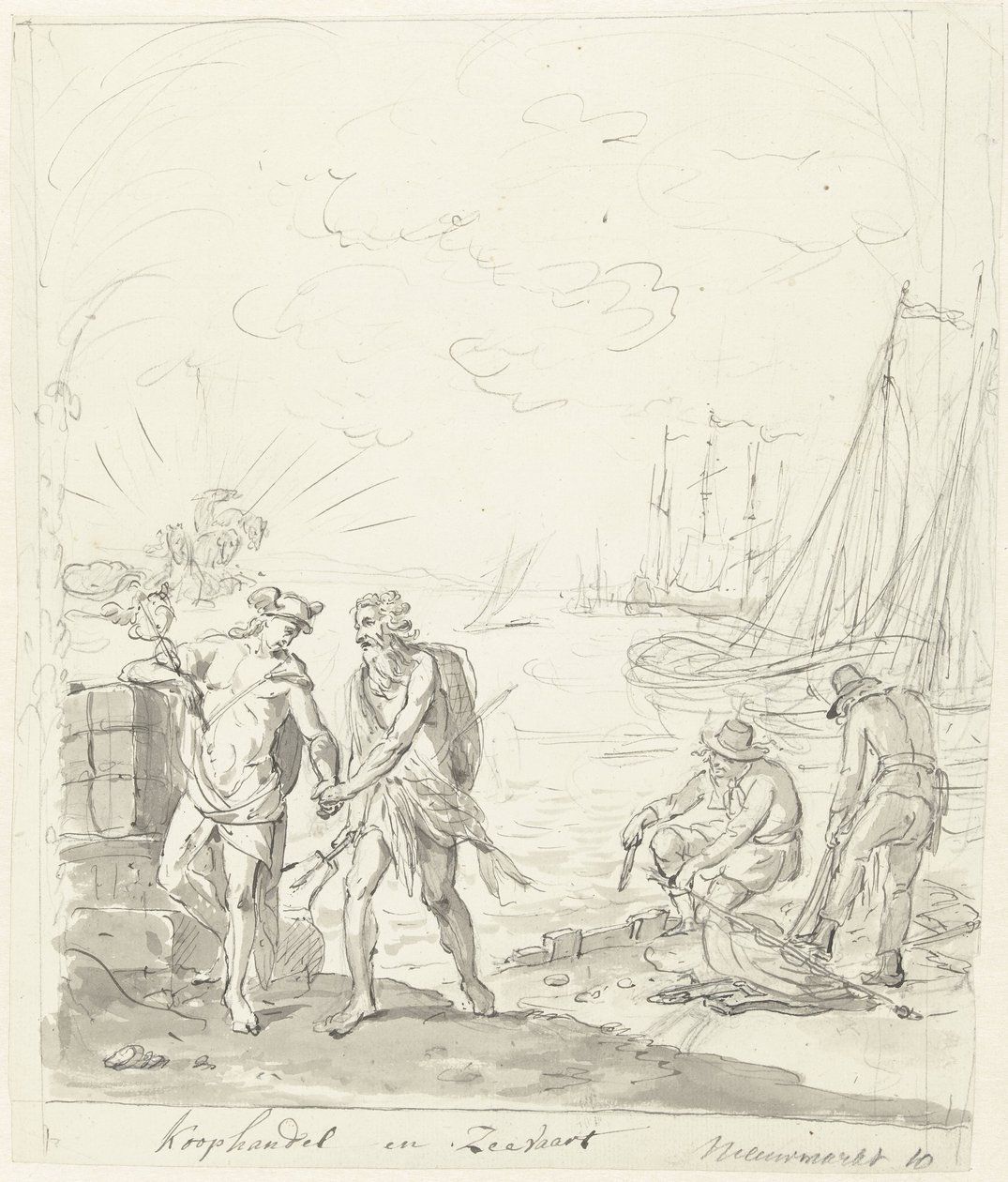 Comercio y navegación, decoración en el Nieuwmarkt, 1795 Comercio y envío (título sobre el objeto) de Johannes van Dregt (rejected attribution)