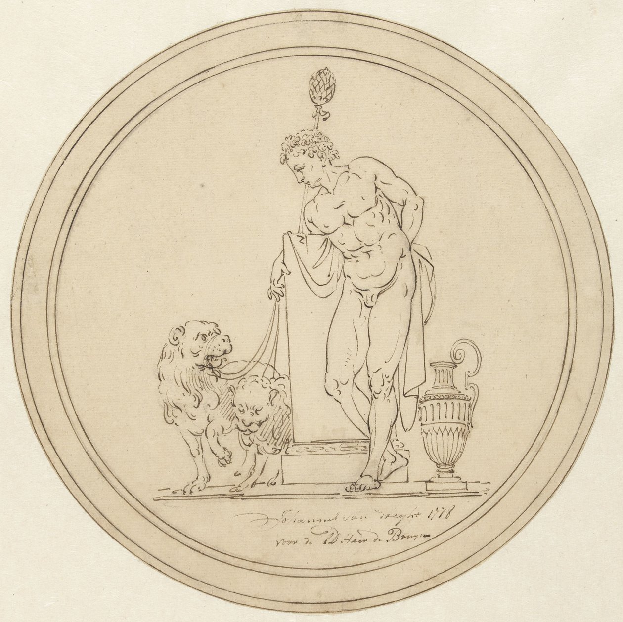 Figura masculina alegórica, de pie con dos leones de Johannes van Dregt