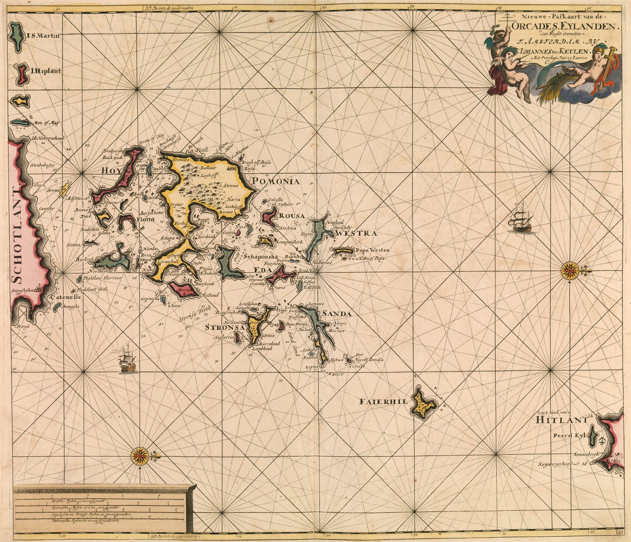Carta de las Orcades Eylande (Orcadas) del "Gran y recién ampliado Atlas Marino" de van Keulen. de Johannes van Keulen