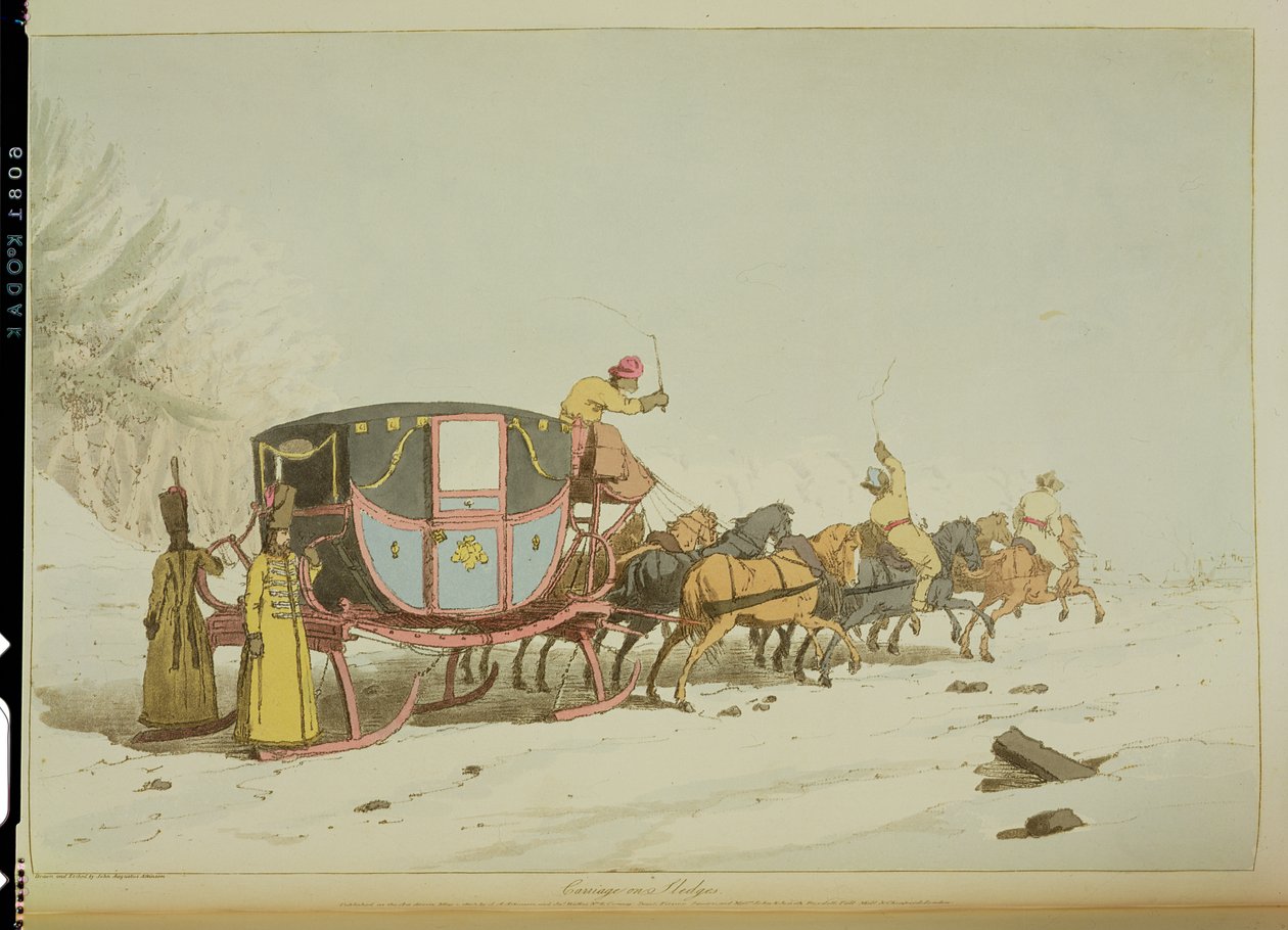 Carroza en Trineos, grabado por el artista, publicado en 1803 de John Augustus Atkinson
