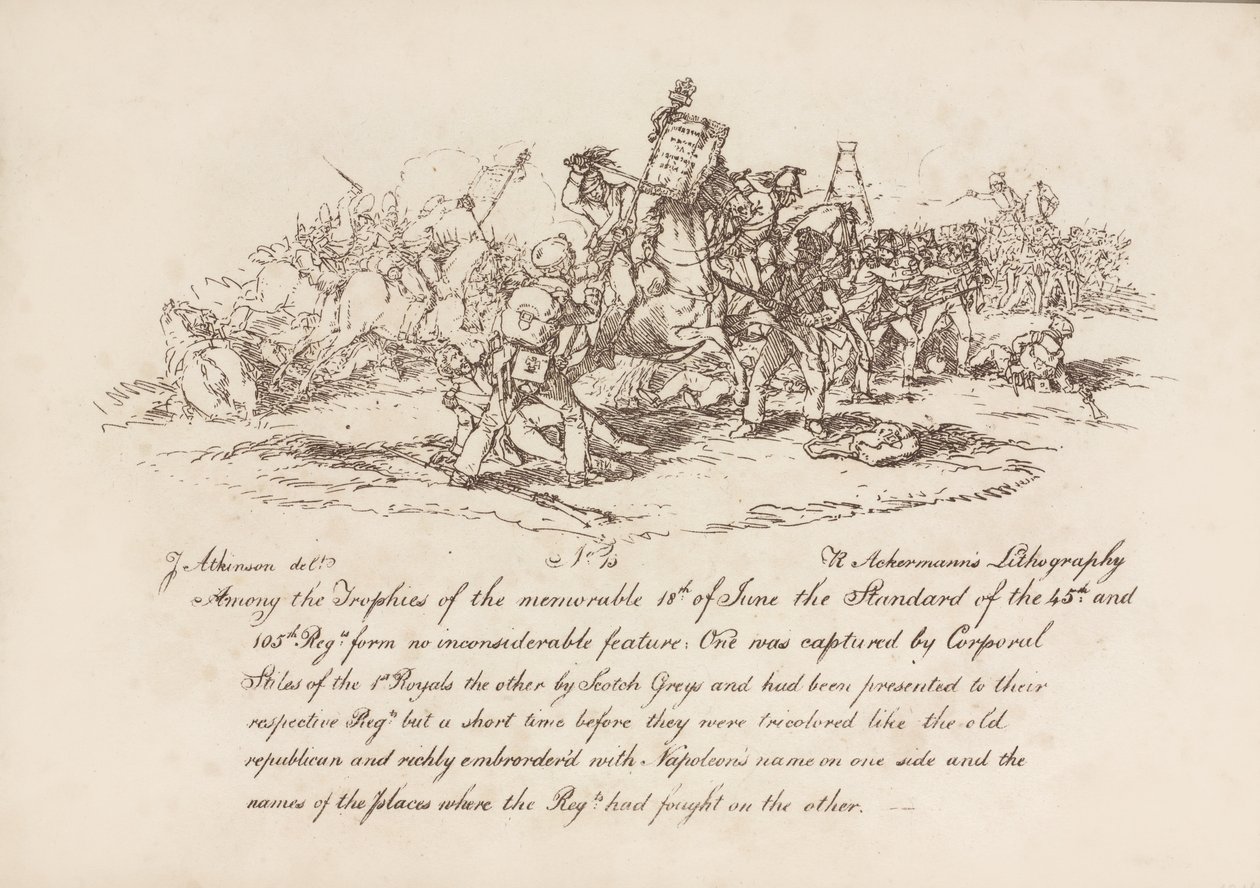 El cabo Stiles de los 1º Reales, y los Scotchy Greys capturando los estandartes de los regimientos 45º y 105º en la Batalla de Waterloo, 18 de junio de 1815 de John Augustus Atkinson