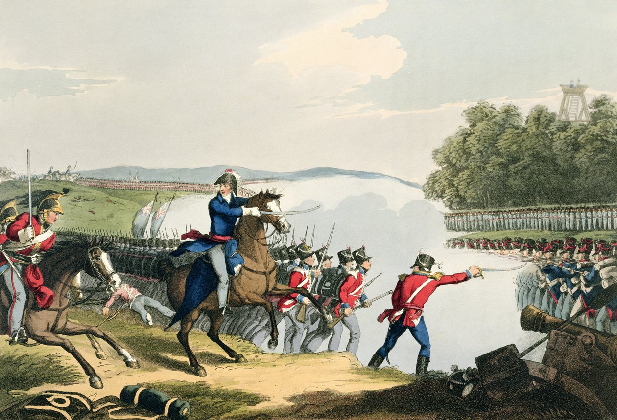 La batalla de Waterloo decidida por el Duque de Wellington, grabado por Matthew Dubourg de 