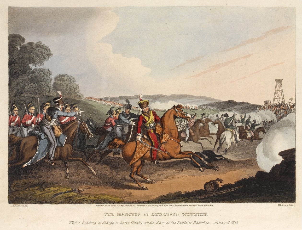 El Marqués de Anglesea herido, encabezando una carga de caballería pesada al final de la Batalla de Waterloo, 18 de junio de 1815, grabado por M. Dubourg, 1819 de John Augustus Atkinson