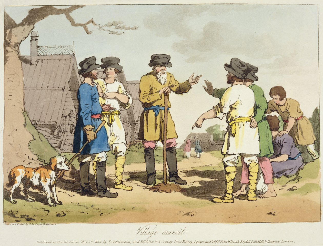 El consejo del pueblo, grabado por el artista, publicado en 1803 de John Augustus Atkinson