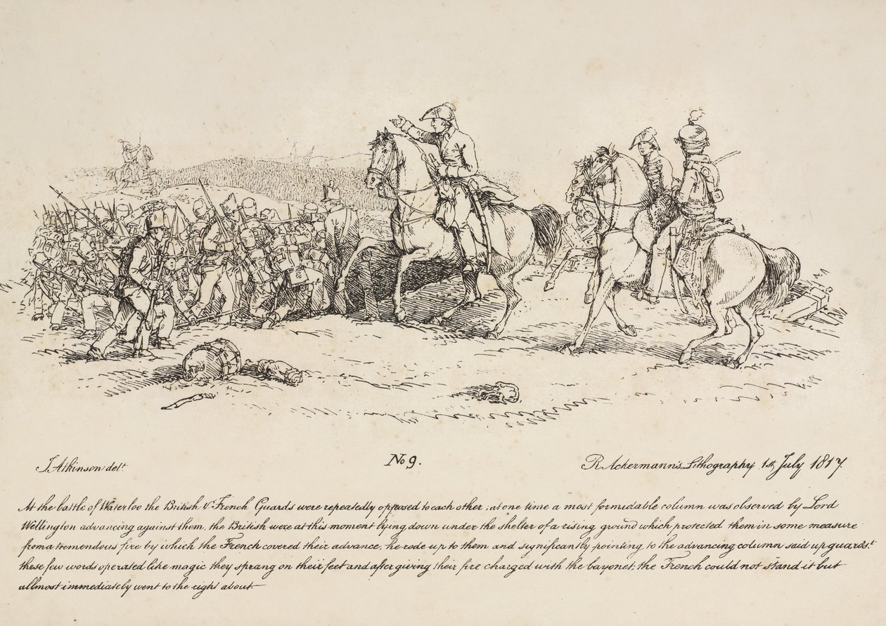 Wellington dirigiendo una carga de los guardias contra una columna de franceses en Waterloo, litografía de R. Ackermann, 1815 de John Augustus Atkinson