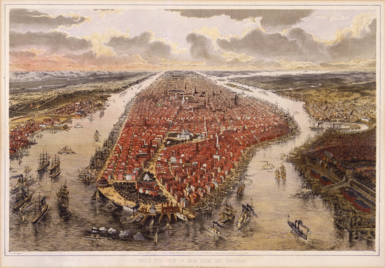 Vista aérea de Nueva York y sus alrededores, 1865 de John Bachmann