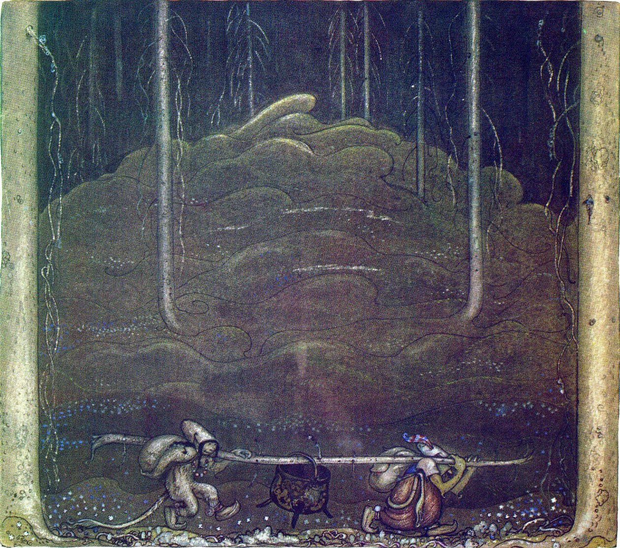 Cuando llegó la noche, la madre troll y el niño se escabulleron de la montaña. Llevaban el caldero de los trolls entre ellos en un palo de John Bauer