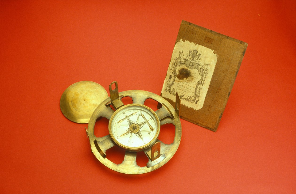 Teodolito simple con tarjeta comercial en el interior de la tapa del estuche, c.1780 de John Bennett
