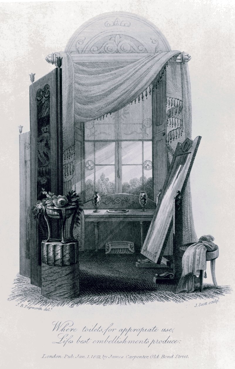 Diseño para muebles griegos (vestidor) por J B Papworth de The Social Day por Peter Coxe, 1823, grabado de John Buonarotti Papworth