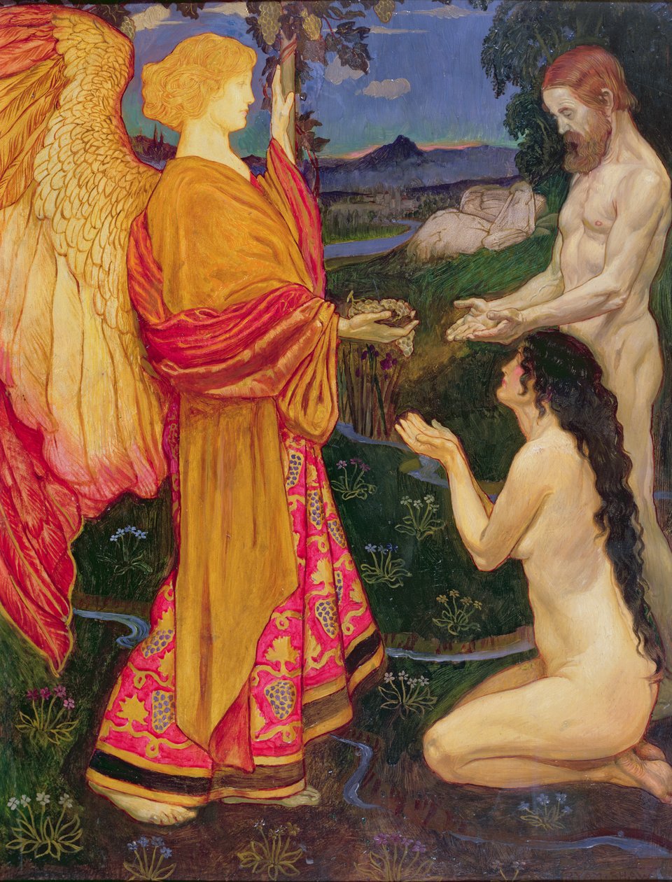 El Ángel ofreciendo los frutos del Jardín del Edén a Adán y Eva de John Byam Liston Shaw